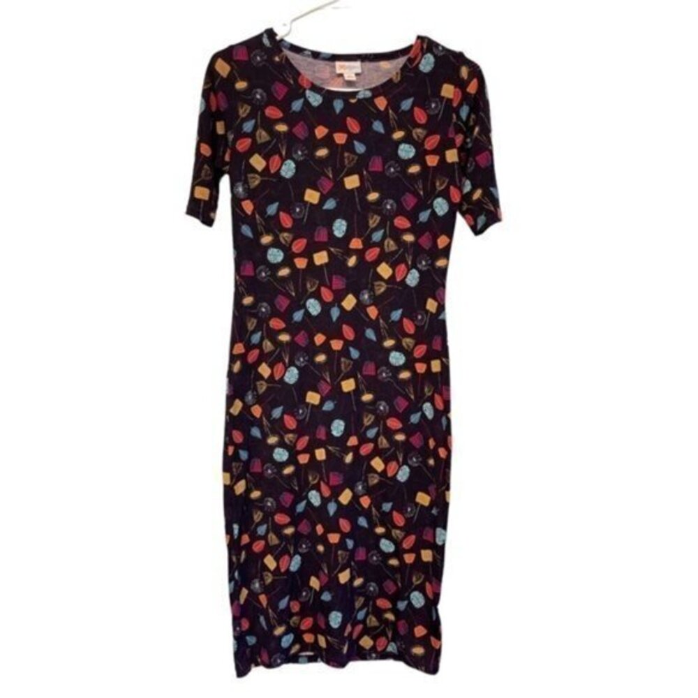 Women's Lularoe Black Multicolor Leaves Fitted Julia Dress Size XS EUC #1426